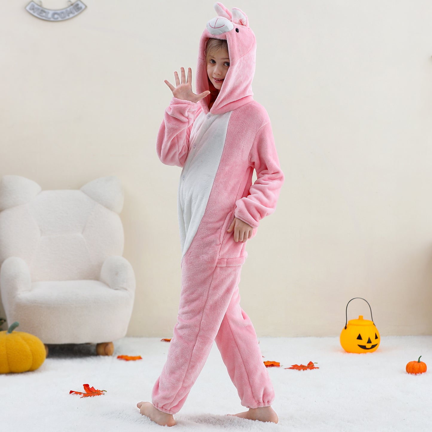 MICHLEY Kids Pink Bunny Hooded Romper Flannel Halloween Cosplay Pajamas Costume