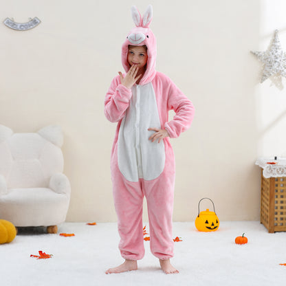 MICHLEY Kids Pink Bunny Hooded Romper Flannel Halloween Cosplay Pajamas Costume