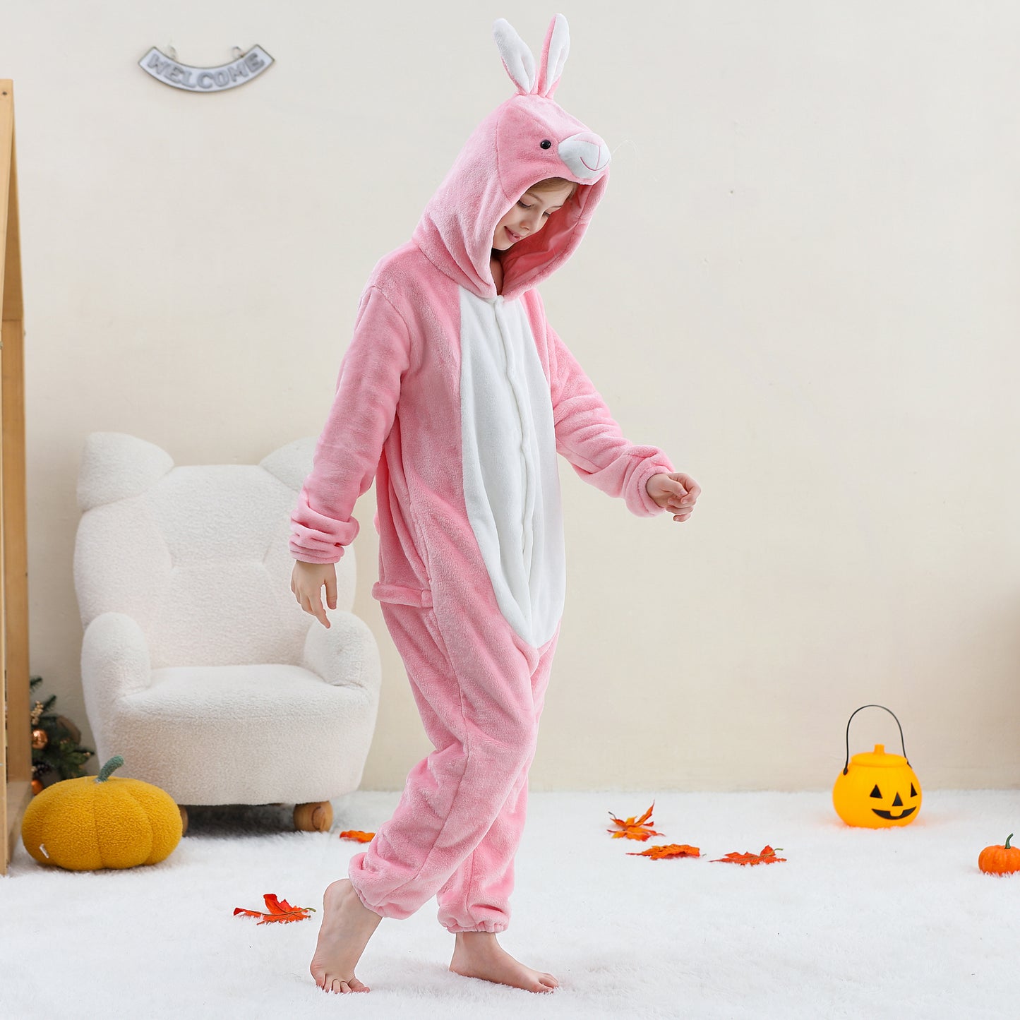 MICHLEY Kids Pink Bunny Hooded Romper Flannel Halloween Cosplay Pajamas Costume