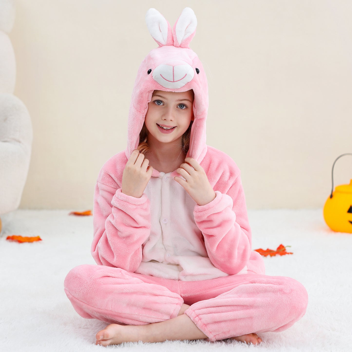 MICHLEY Kids Pink Bunny Hooded Romper Flannel Halloween Cosplay Pajamas Costume