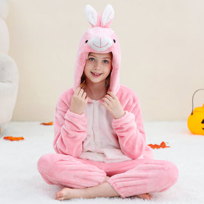 MICHLEY Kids Pink Bunny Hooded Romper Flannel Halloween Cosplay Pajamas Costume