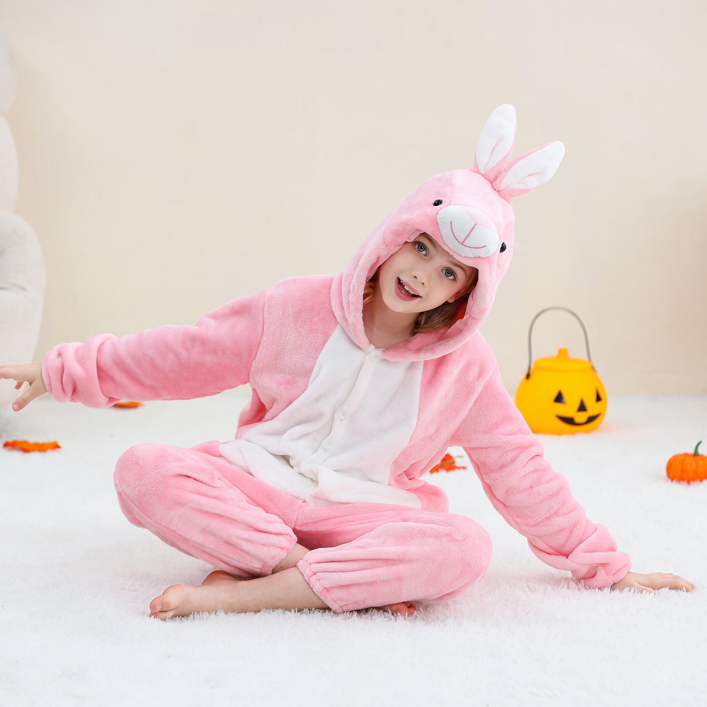 MICHLEY Kids Pink Bunny Hooded Romper Flannel Halloween Cosplay Pajamas Costume