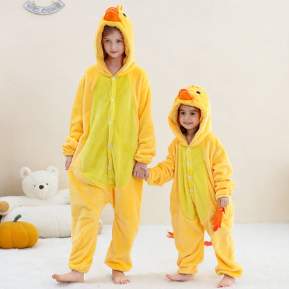 MICHLEY Kids Yellow Duck Hooded Romper Flannel Halloween Cosplay Pajamas