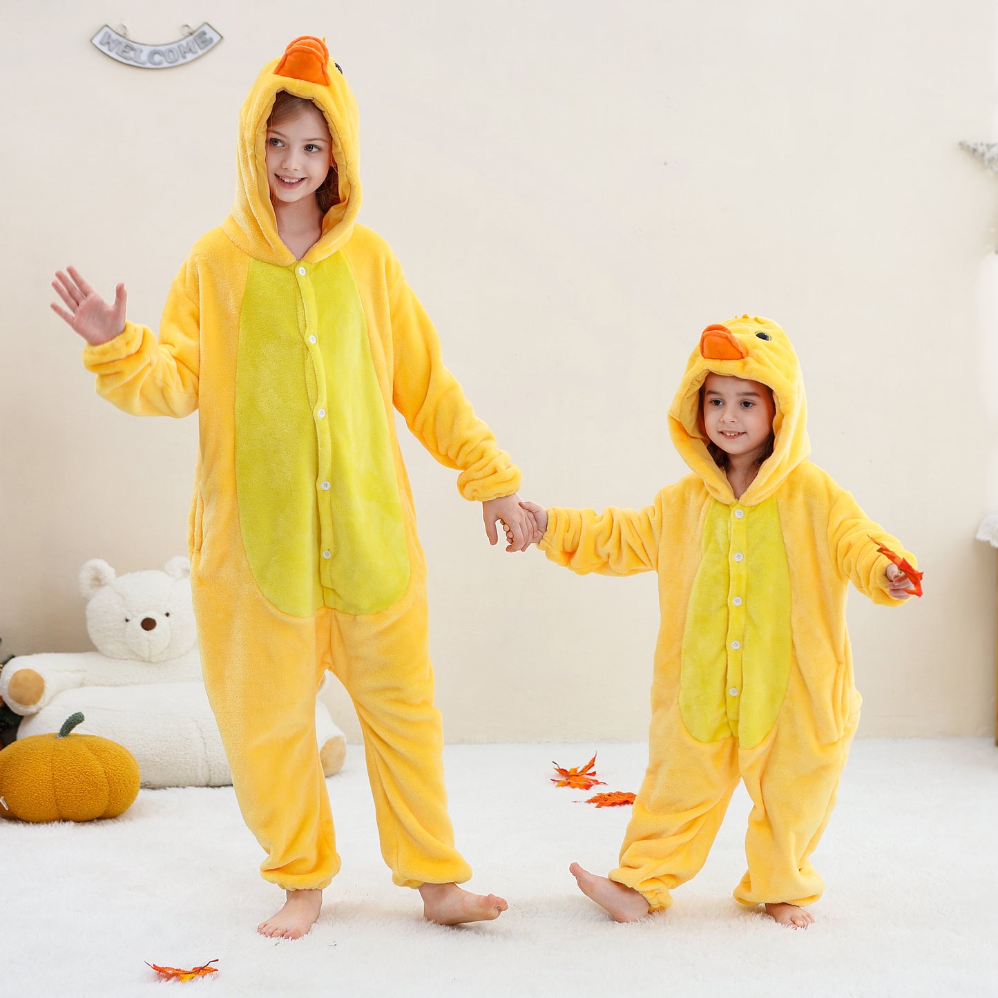 MICHLEY Kids Yellow Duck Hooded Romper Flannel Halloween Cosplay Pajamas