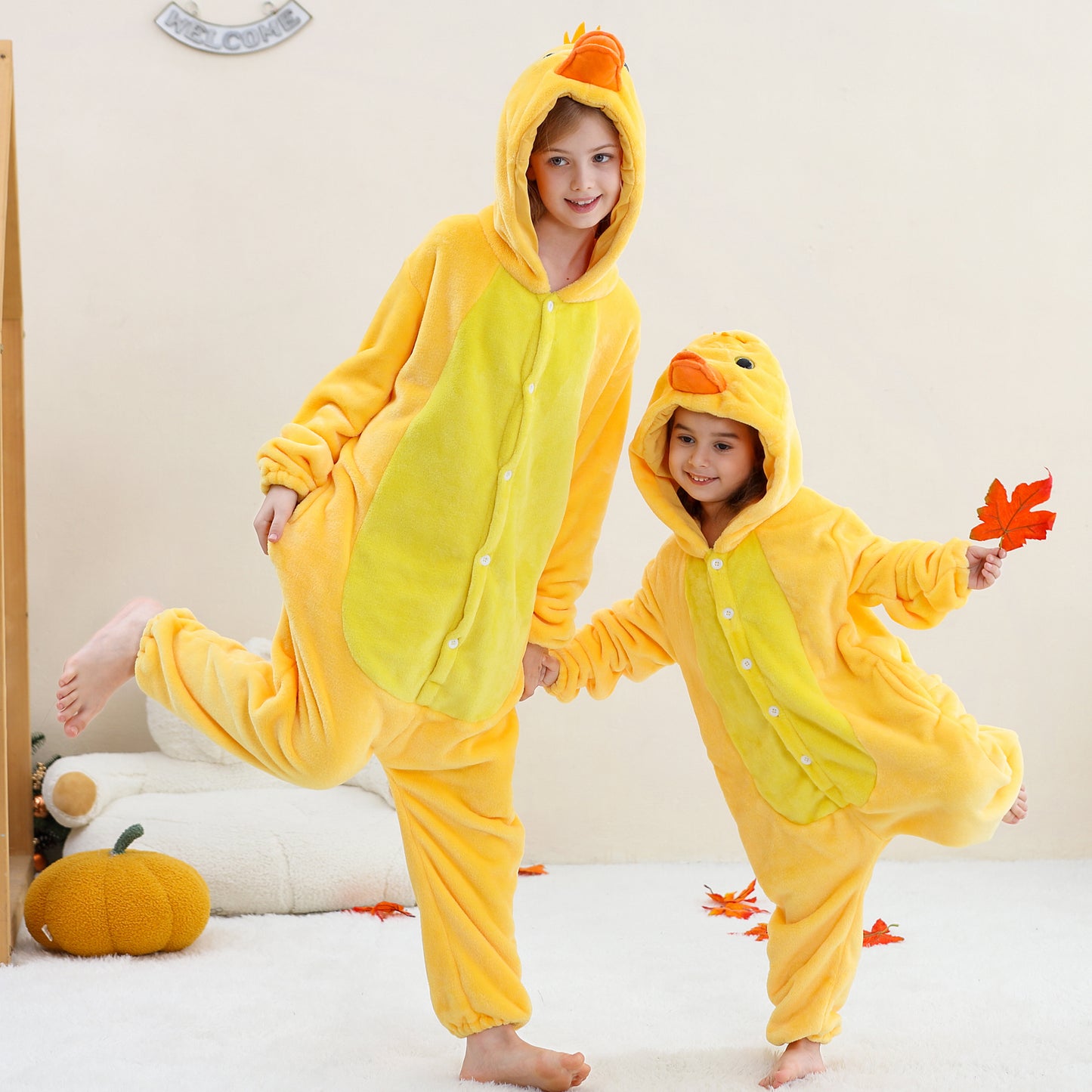 MICHLEY Kids Yellow Duck Hooded Romper Flannel Halloween Cosplay Pajamas