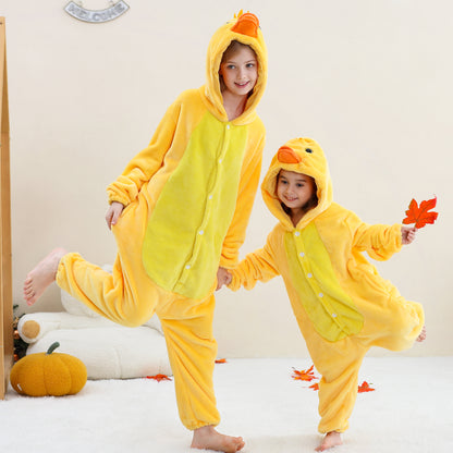 MICHLEY Kids Yellow Duck Hooded Romper Flannel Halloween Cosplay Pajamas