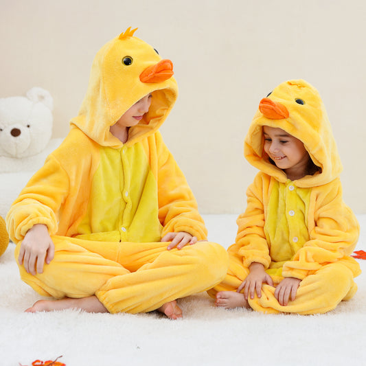MICHLEY Kids Yellow Duck Hooded Romper Flannel Halloween Cosplay Pajamas