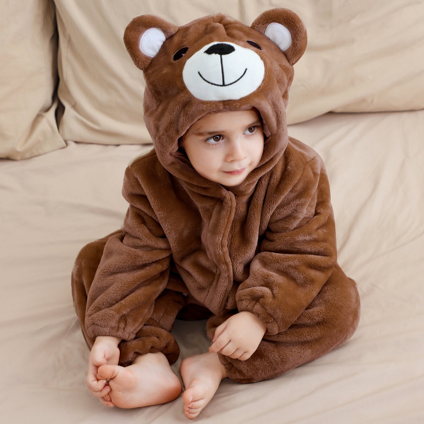 MICHLEY Baby Dark Brown Bear Hooded Romper Flannel Animal Costume