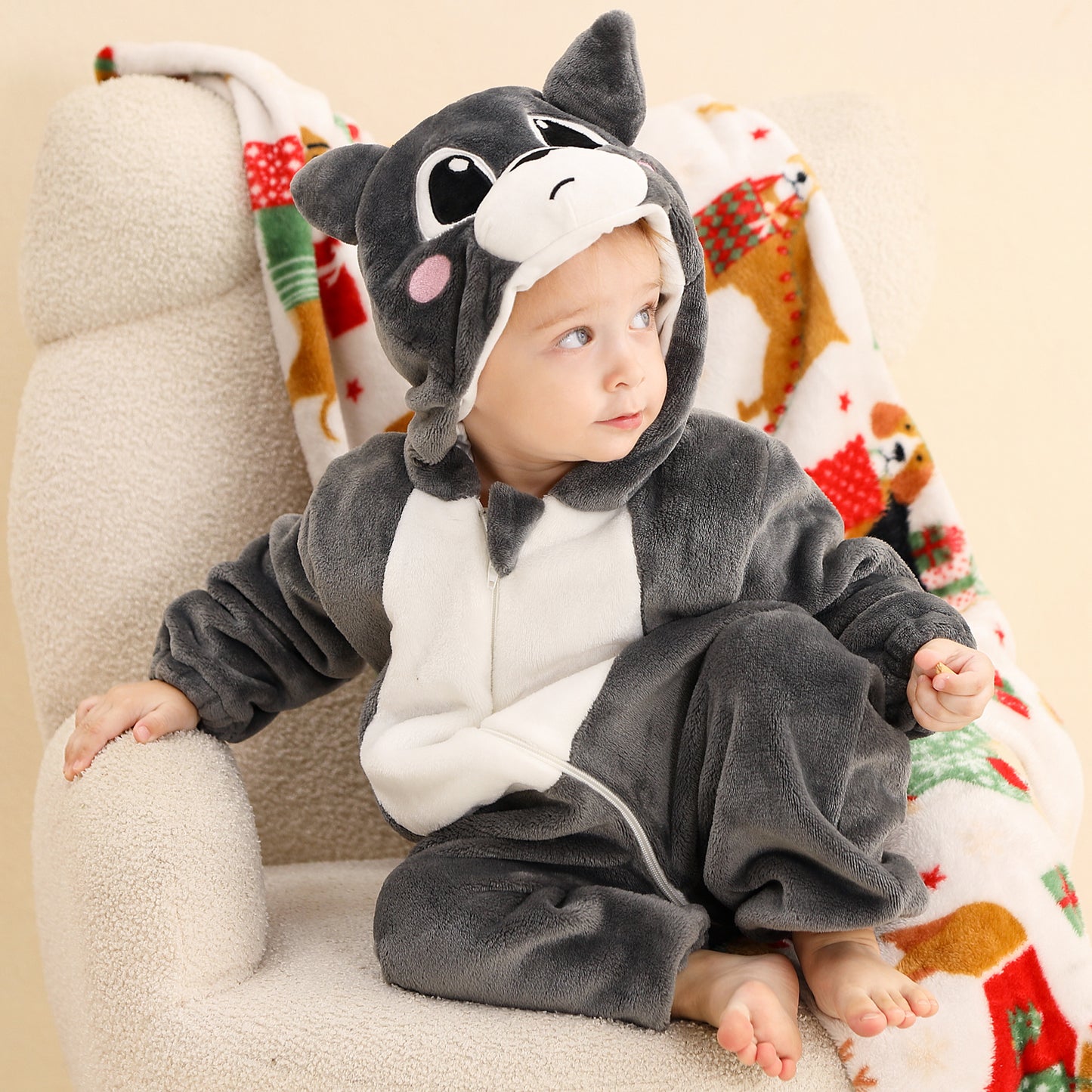 MICHLEY Baby Grey Cat Hooded Romper Flannel Kitten Costume