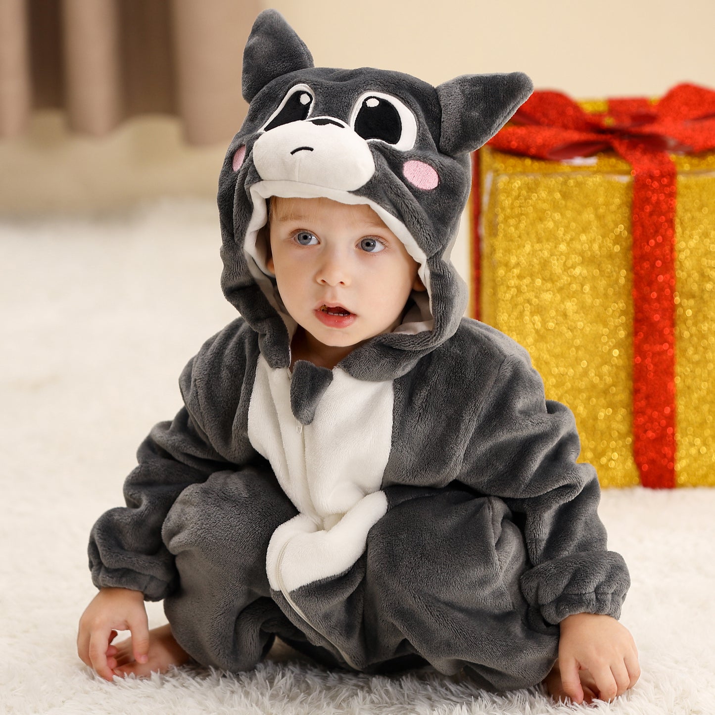MICHLEY Baby Grey Cat Hooded Romper Flannel Kitten Costume