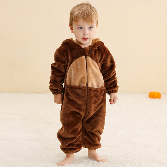 MICHLEY Baby Brown Kangaroo Hooded Romper Flannel Animal Costume