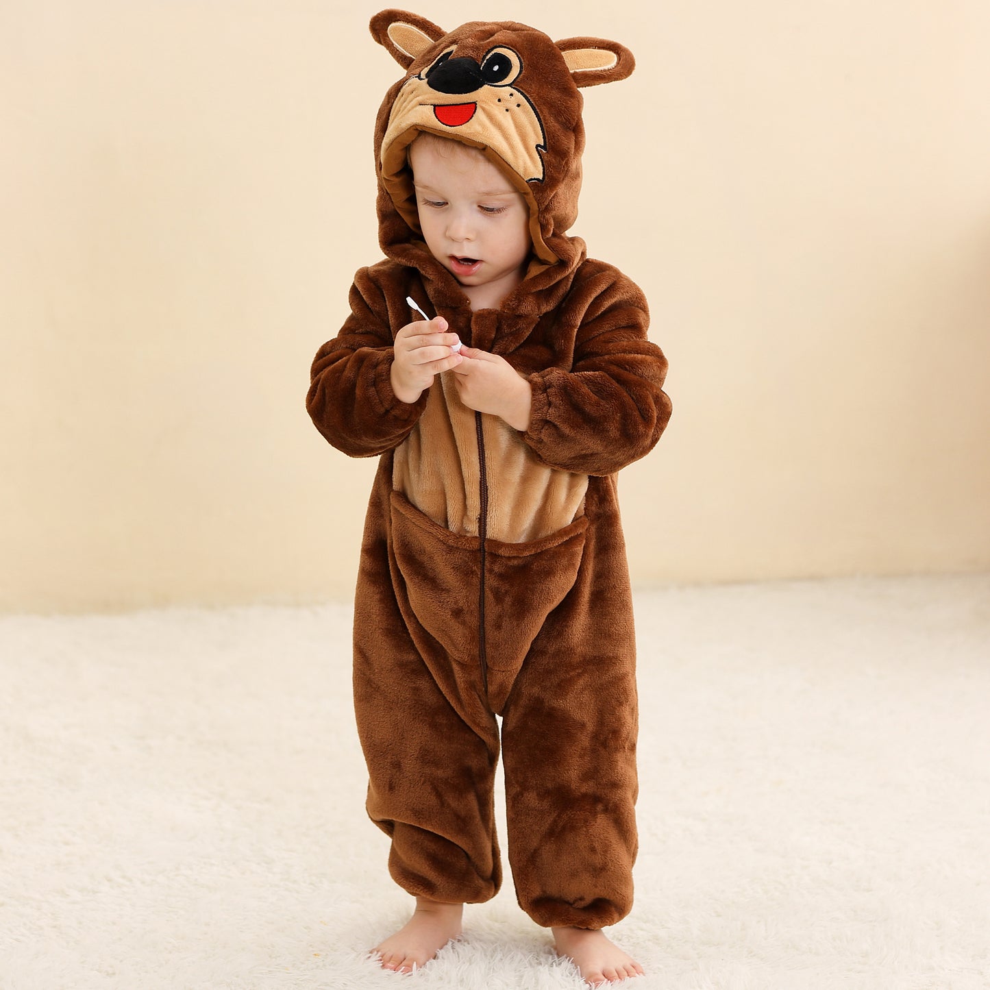MICHLEY Baby Brown Kangaroo Hooded Romper Flannel Animal Costume