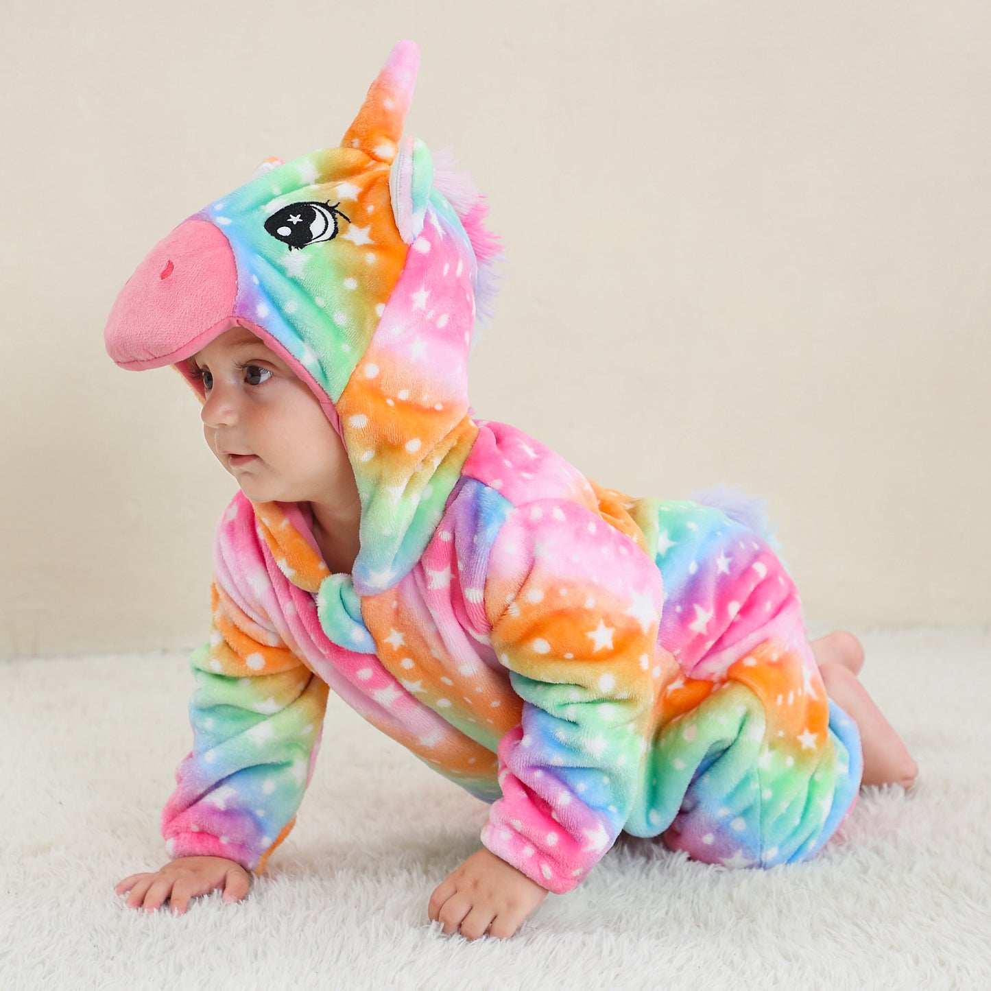 MICHLEY Rainbow Unicorn Baby Costume Winter Flannel Hooded Romper