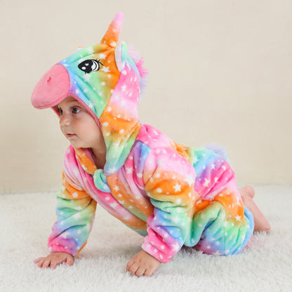 MICHLEY Rainbow Unicorn Baby Costume Winter Flannel Hooded Romper