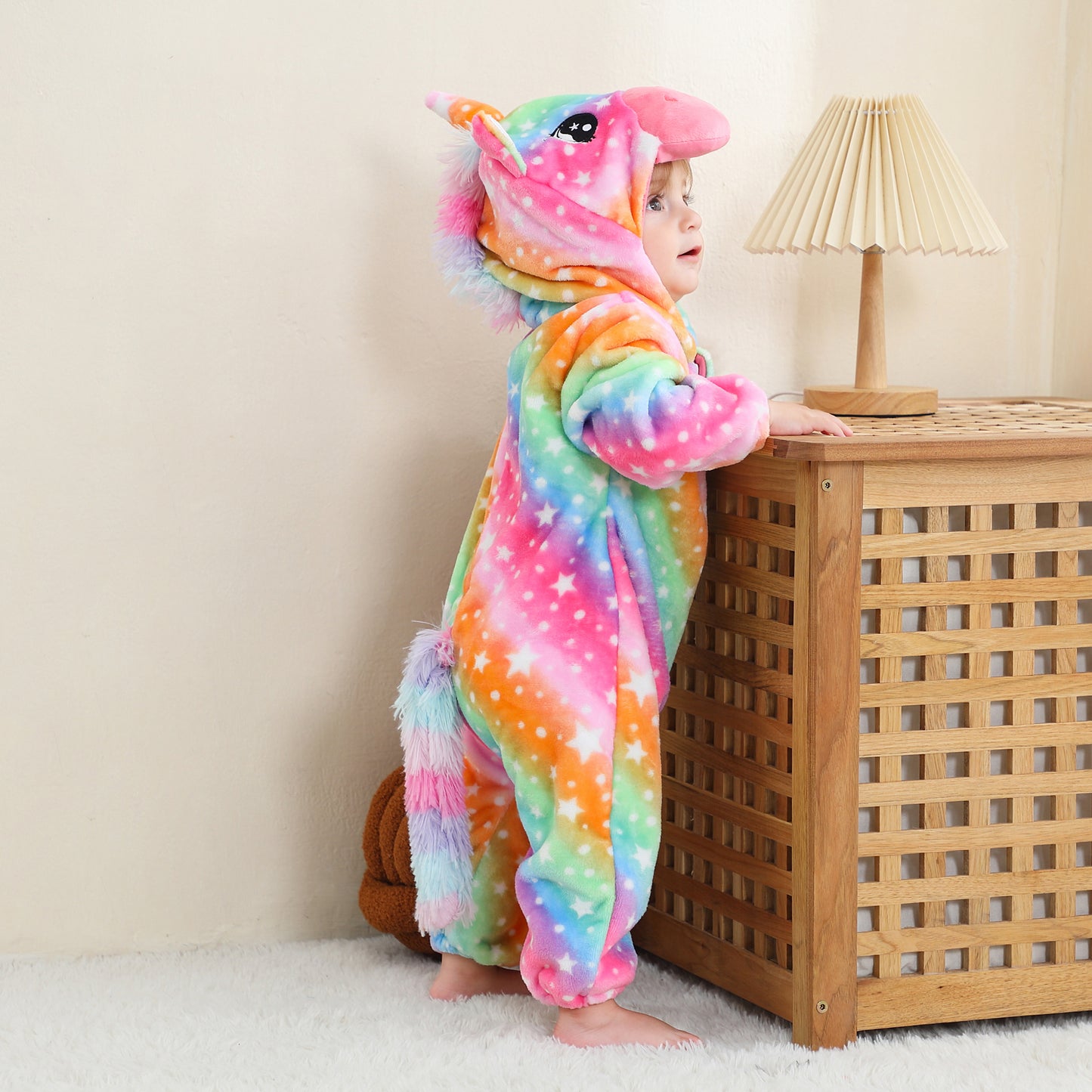 MICHLEY Rainbow Unicorn Baby Costume Winter Flannel Hooded Romper