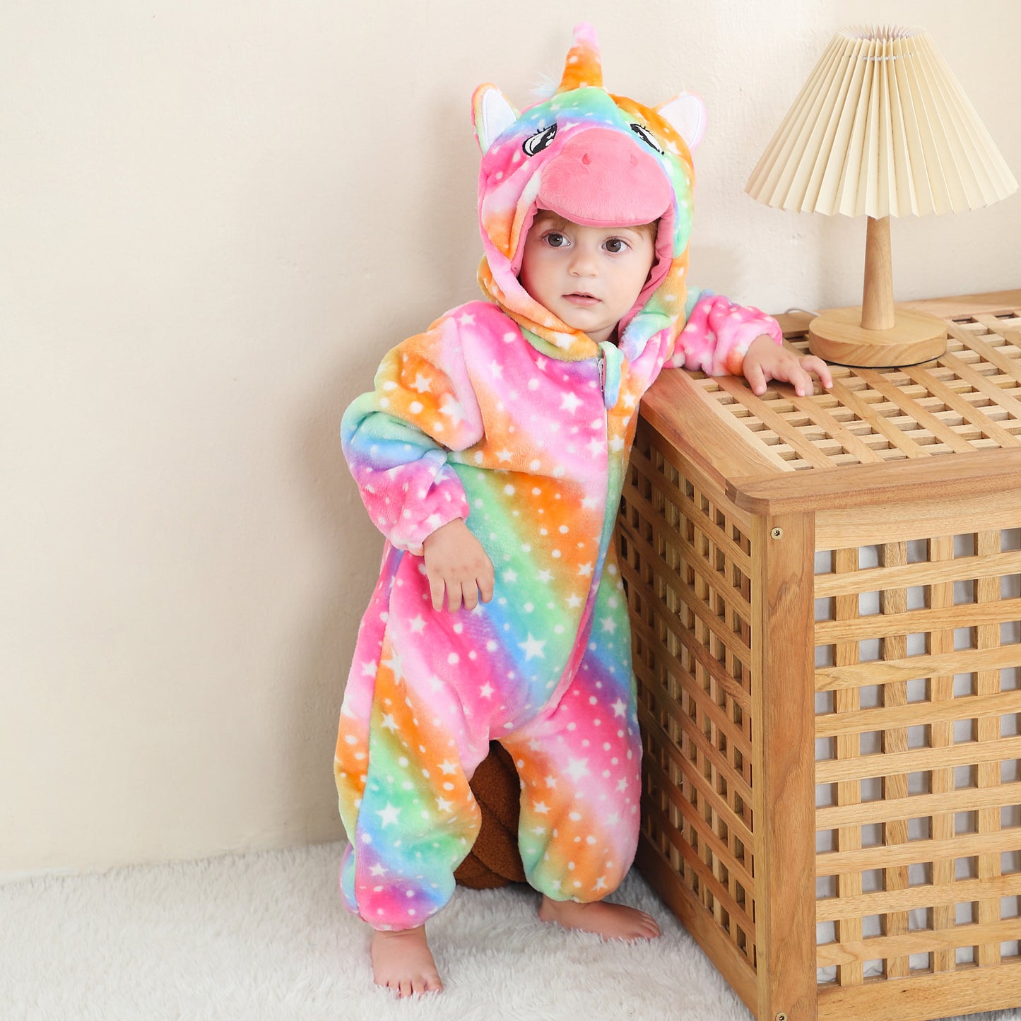 MICHLEY Rainbow Unicorn Baby Costume Winter Flannel Hooded Romper
