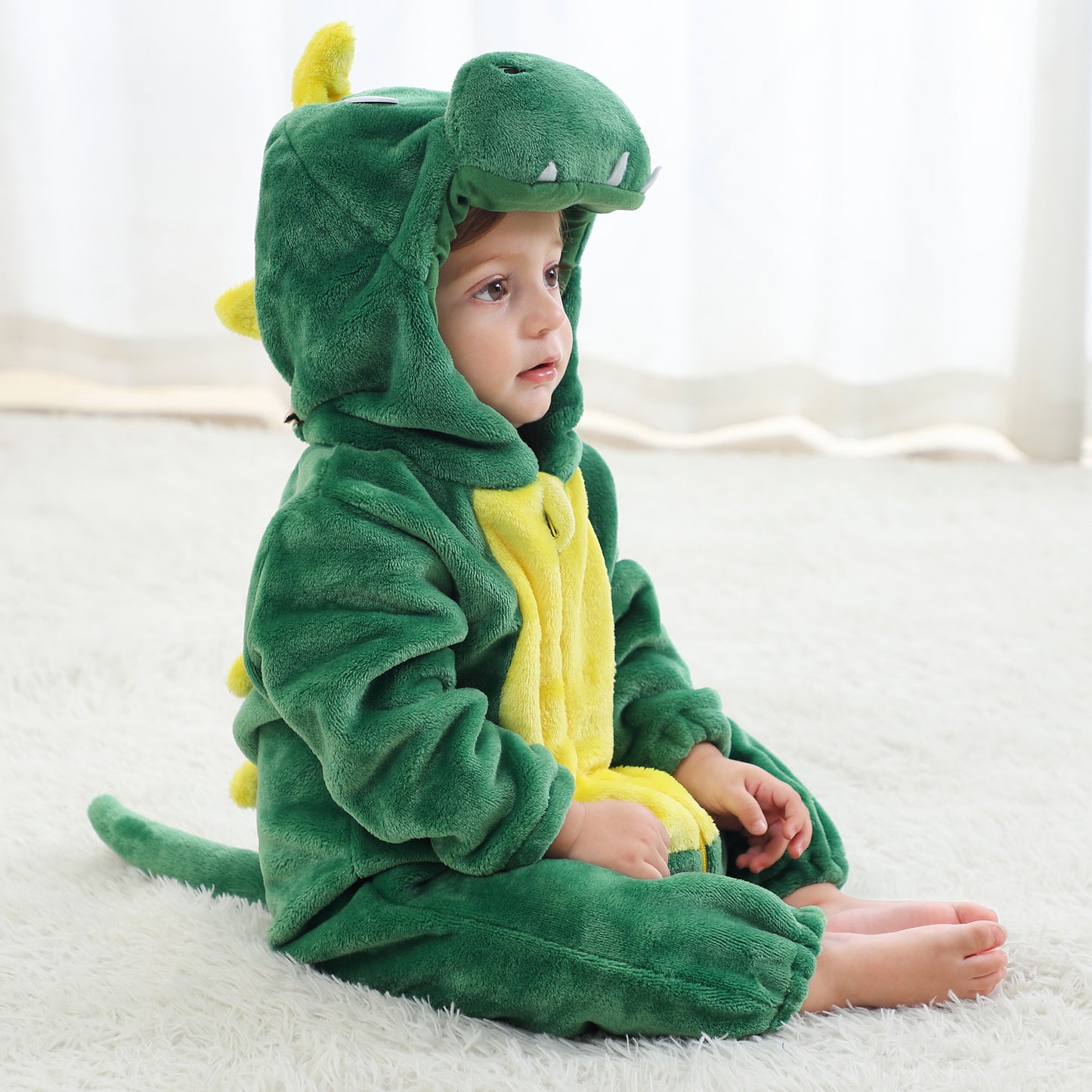 MICHLEY Green Dinosaur Baby Costume Winter Flannel Hooded Romper