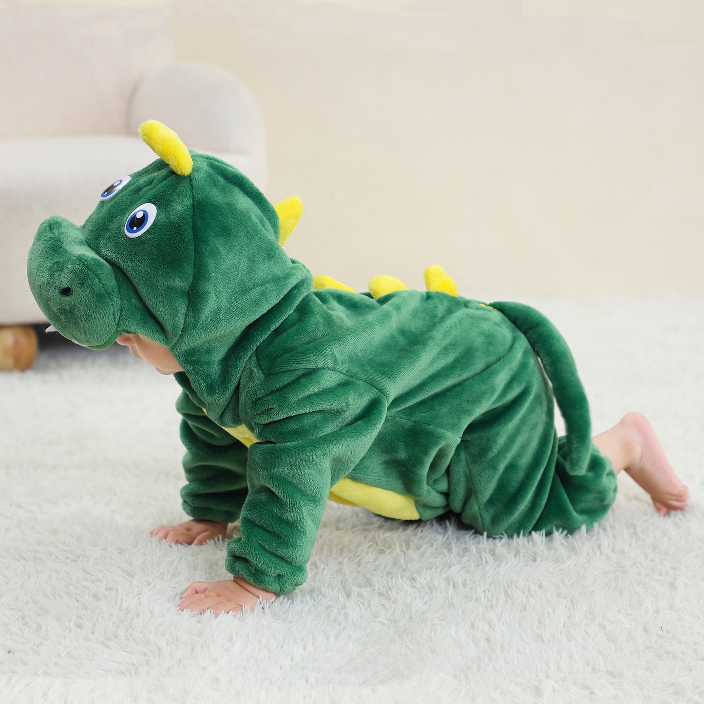 MICHLEY Green Dinosaur Baby Costume Winter Flannel Hooded Romper