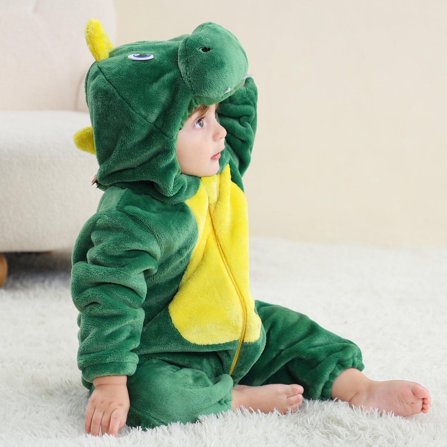 MICHLEY Green Dinosaur Baby Costume Winter Flannel Hooded Romper