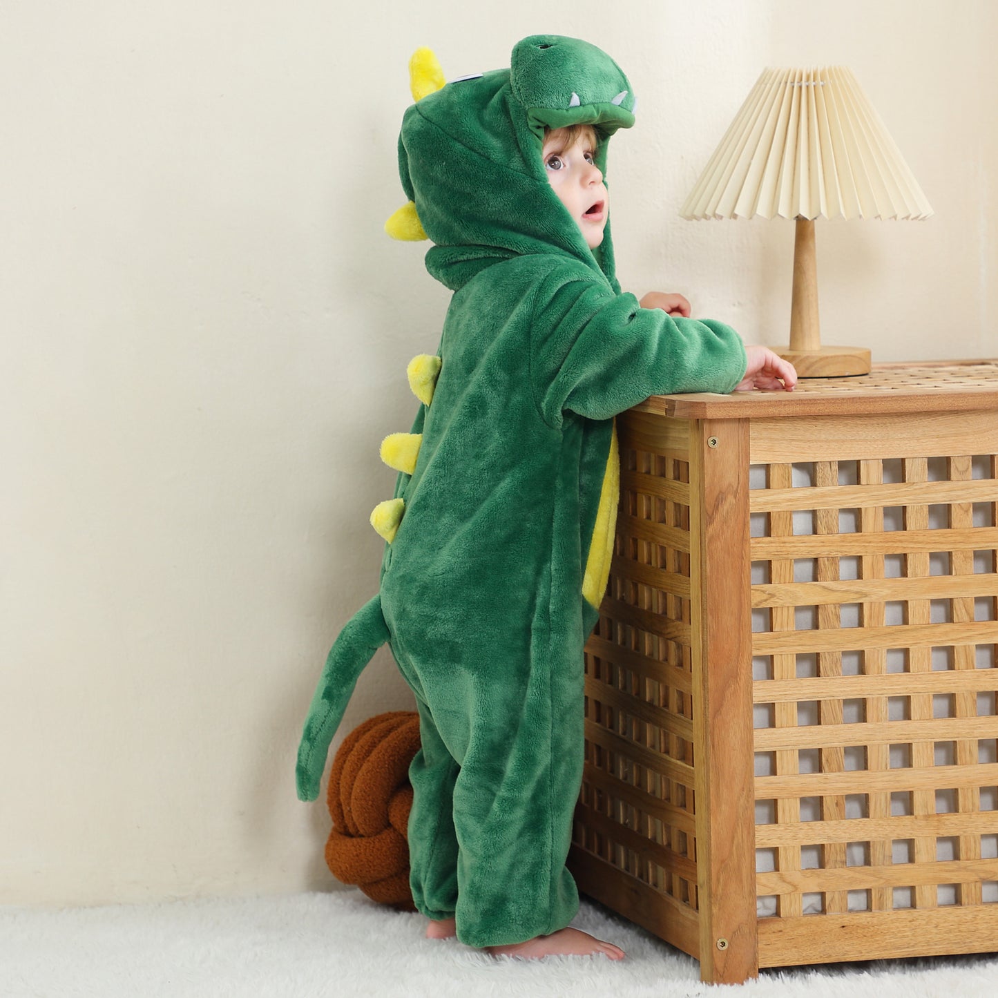 MICHLEY Green Dinosaur Baby Costume Winter Flannel Hooded Romper
