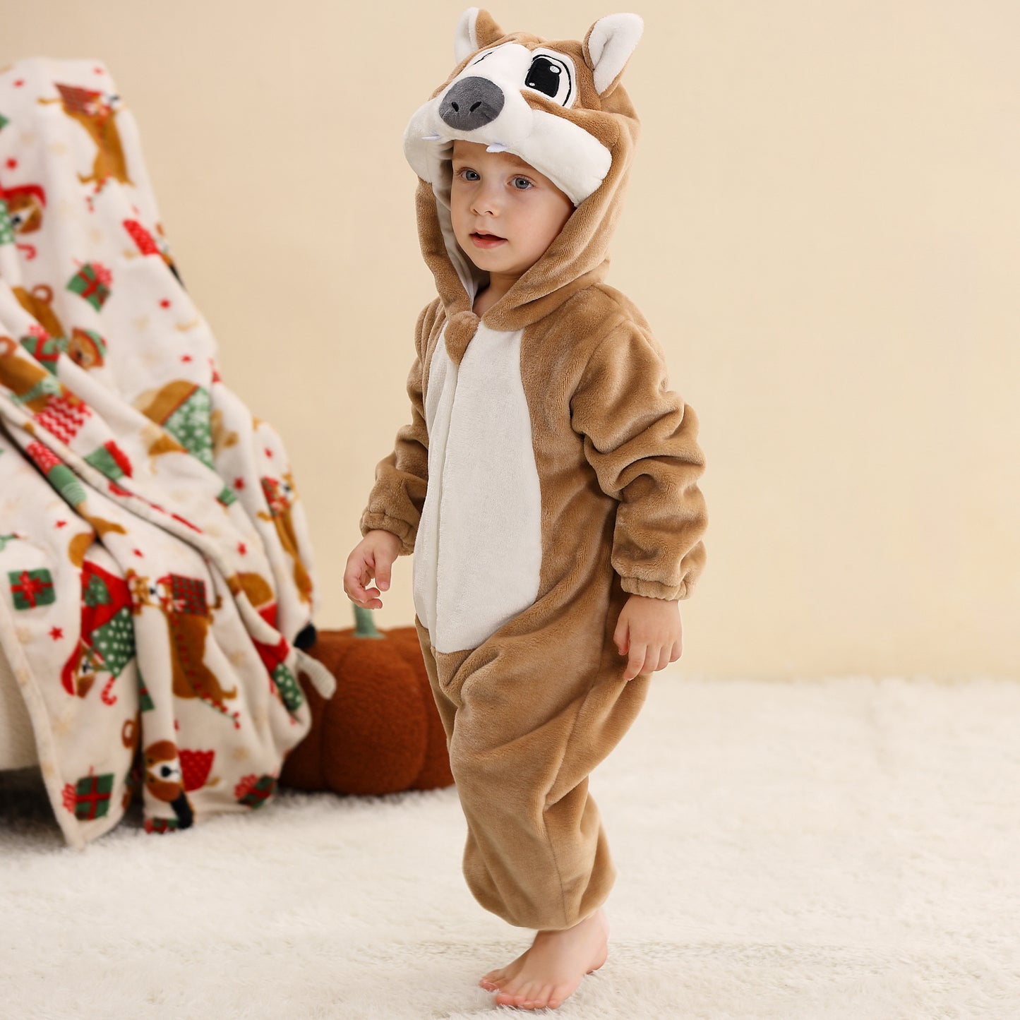 MICHLEY Brown Wolf Baby Costume Winter Flannel Hooded Romper