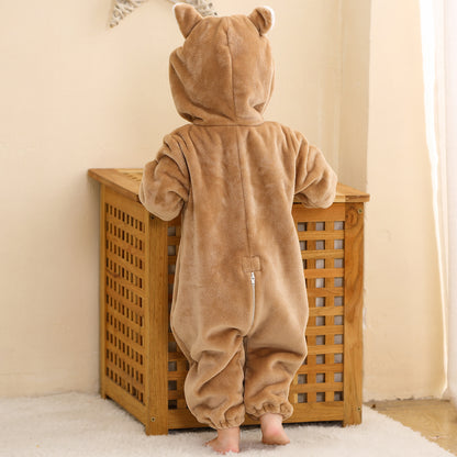MICHLEY Brown Wolf Baby Costume Winter Flannel Hooded Romper